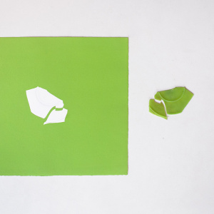 Obra de arte sobre papel gofradro. Pieza única de color verde hecha con pigmetos. Le acompaña una pieza de plásatico que es el molde del gofrado