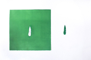 Obra de arte sobre papel gofradro. Pieza única de color verde esmeralda hecha con pigmetos. Le acompaña una pieza de plásatico que es el molde del gofrado